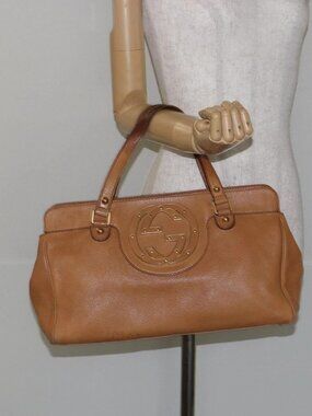 GUCCI Hand Bag Leather Beige Gold